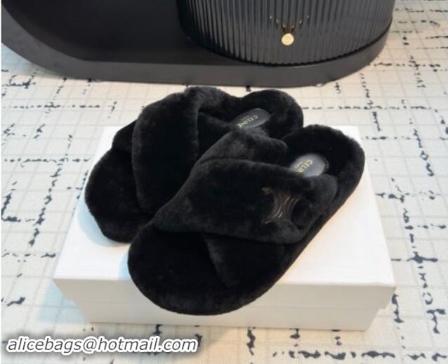 Purchase Celine Wool Flat Slides Sandal with Cross Strap Black 1112062