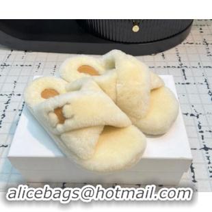 Grade Celine Wool Flat Slides Sandal with Cross Strap Beige 112063