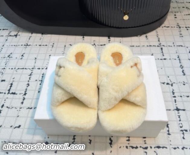 Grade Celine Wool Flat Slides Sandal with Cross Strap Beige 112063