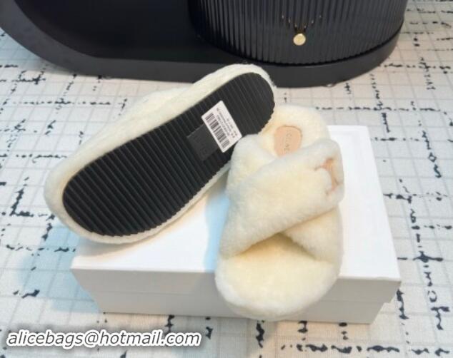 Stylish Celine Wool Flat Slides Sandal with Cross Strap White 1112064