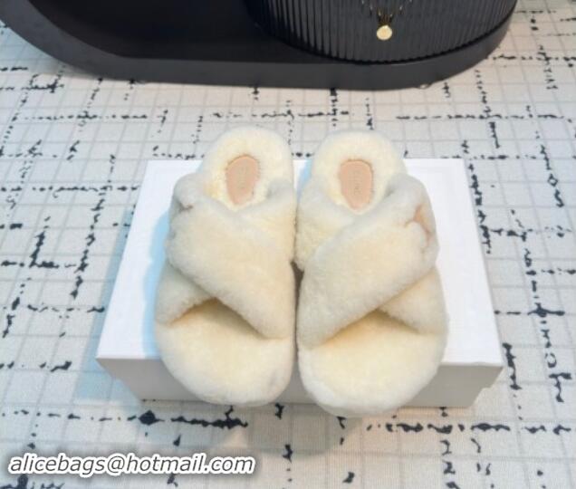 Stylish Celine Wool Flat Slides Sandal with Cross Strap White 1112064