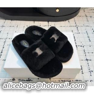 Sumptuous Celine Wool Flat Slides Sandal with Wide Strap Black 1112066