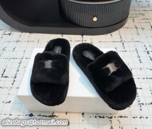 Sumptuous Celine Wool Flat Slides Sandal with Wide Strap Black 1112066