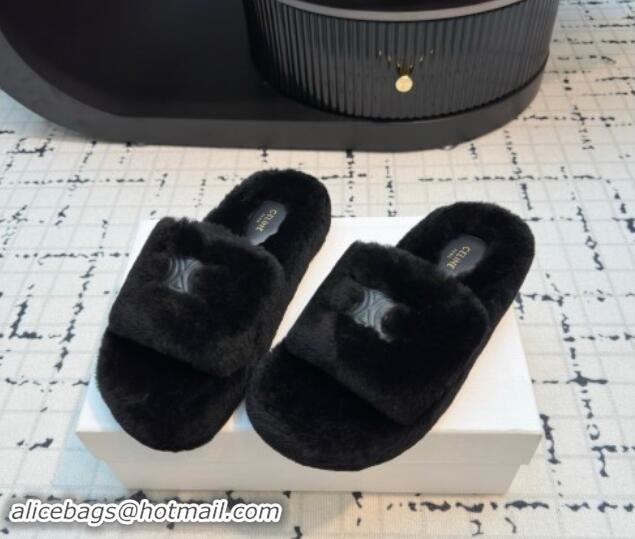 Sumptuous Celine Wool Flat Slides Sandal with Wide Strap Black 1112066