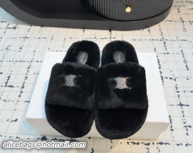 Sumptuous Celine Wool Flat Slides Sandal with Wide Strap Black 1112066