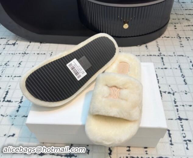 Buy Luxury Celine Wool Flat Slides Sandal with Wide Strap White 112067