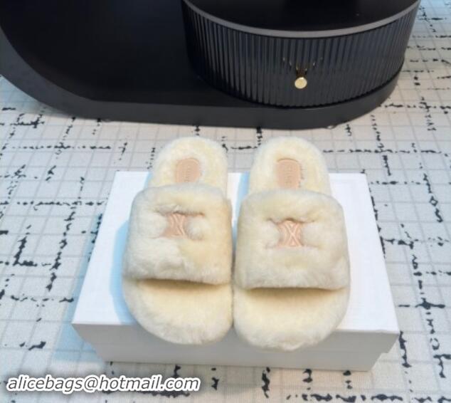 Buy Luxury Celine Wool Flat Slides Sandal with Wide Strap White 112067