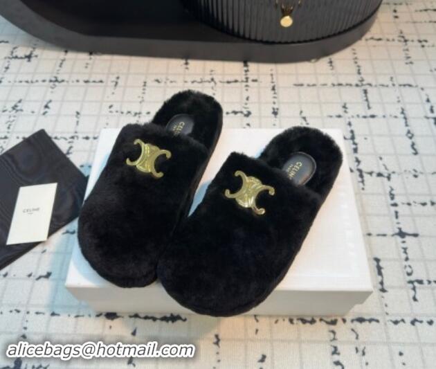 Buy Luxury Celine Wool Flat Mules Black 112070 