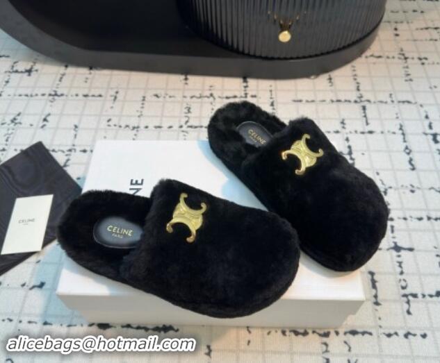 Buy Luxury Celine Wool Flat Mules Black 112070 