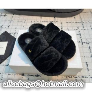 Classic Hot Celine Quilted Wool Flat Slides Sandal with Double Strap Black 1112071