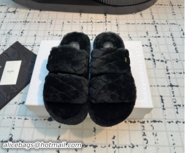 Classic Hot Celine Quilted Wool Flat Slides Sandal with Double Strap Black 1112071