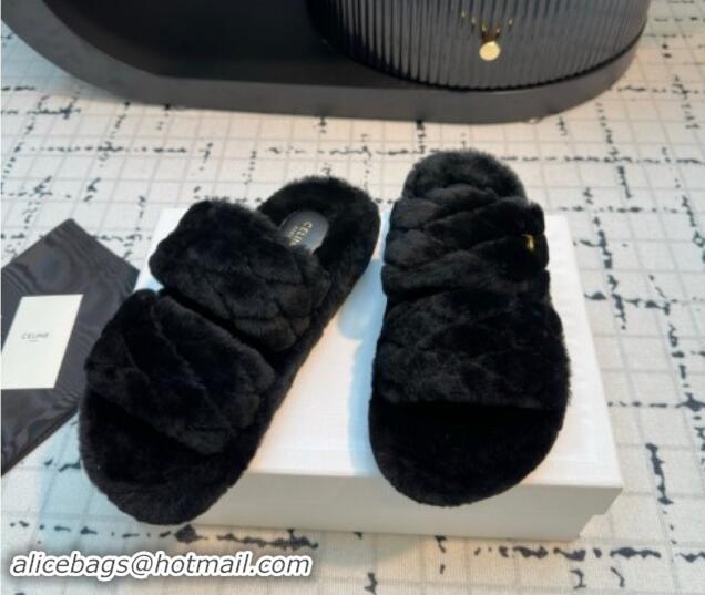 Classic Hot Celine Quilted Wool Flat Slides Sandal with Double Strap Black 1112071