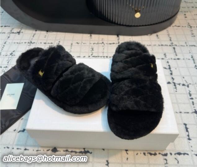 Classic Hot Celine Quilted Wool Flat Slides Sandal with Double Strap Black 1112071