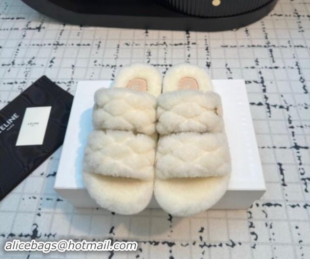 Top Grade Celine Quilted Wool Flat Slides Sandal with Double Strap White 112073