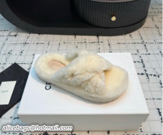 Good Quality Celine Quilted Wool Flat Slides Sandal with Cross Strap White 112074