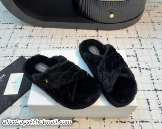 Pretty Style Celine Quilted Wool Flat Slides Sandal with Cross Strap Black 112075