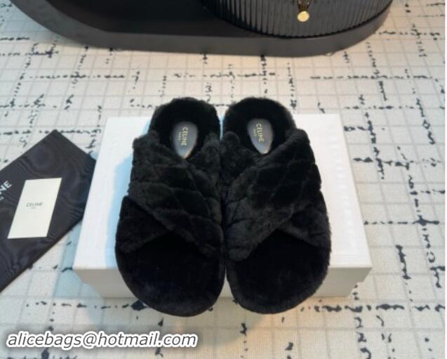 Pretty Style Celine Quilted Wool Flat Slides Sandal with Cross Strap Black 112075