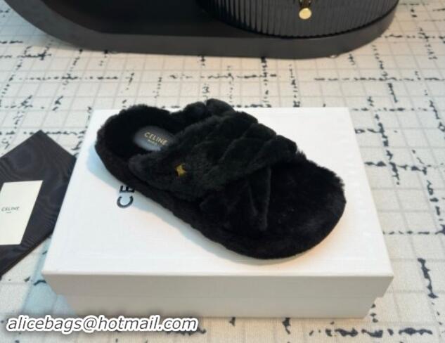 Pretty Style Celine Quilted Wool Flat Slides Sandal with Cross Strap Black 112075