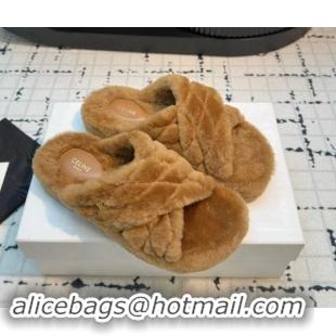 Perfect Celine Quilted Wool Flat Slides Sandal with Cross Strap Brown 112076