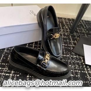 Top Design Celine Luco Triomphe Chain Loafers in Shiny Calfskin Black 112077