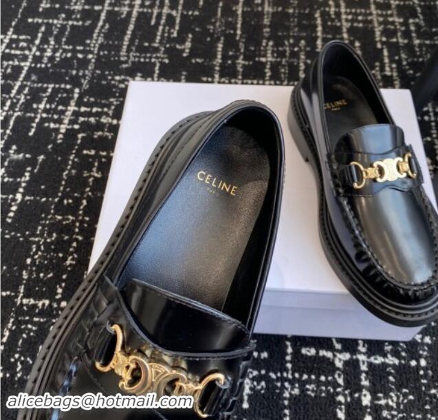 Top Design Celine Luco Triomphe Chain Loafers in Shiny Calfskin Black 112077