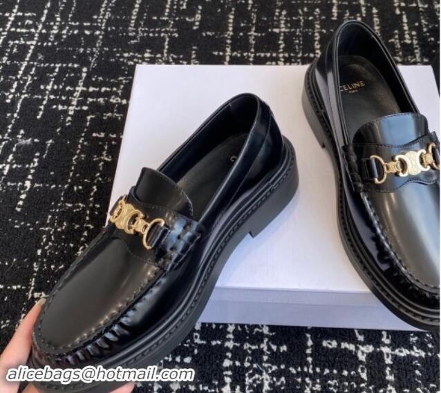 Top Design Celine Luco Triomphe Chain Loafers in Shiny Calfskin Black 112077