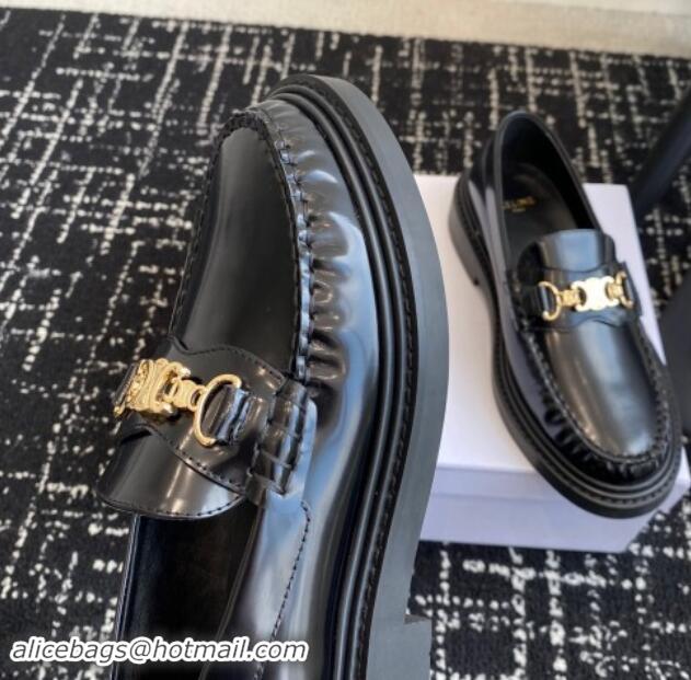 Top Design Celine Luco Triomphe Chain Loafers in Shiny Calfskin Black 112077