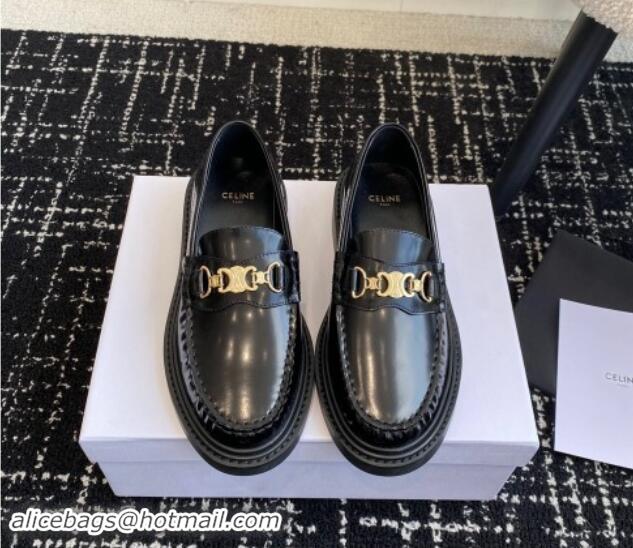 Top Design Celine Luco Triomphe Chain Loafers in Shiny Calfskin Black 112077