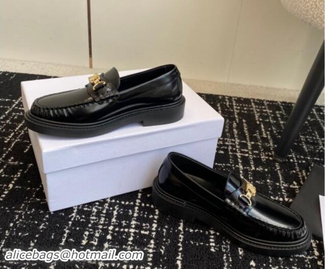 Top Design Celine Luco Triomphe Chain Loafers in Shiny Calfskin Black 112077