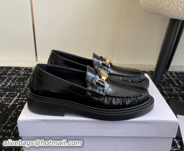 Top Design Celine Luco Triomphe Chain Loafers in Shiny Calfskin Black 112077