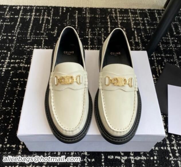 Good Quality Celine Luco Triomphe Chain Loafers in Calfskin White 1112078