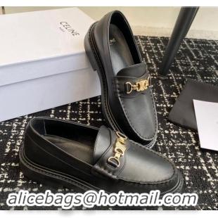 Popular Style Celine Luco Triomphe Chain Loafers in Calfskin Leather Black 112080