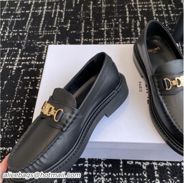 Popular Style Celine Luco Triomphe Chain Loafers in Calfskin Leather Black 112080