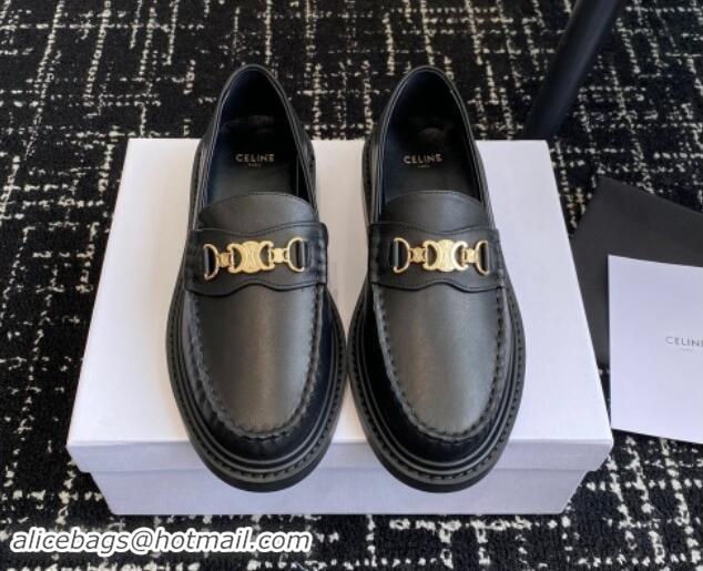 Popular Style Celine Luco Triomphe Chain Loafers in Calfskin Leather Black 112080