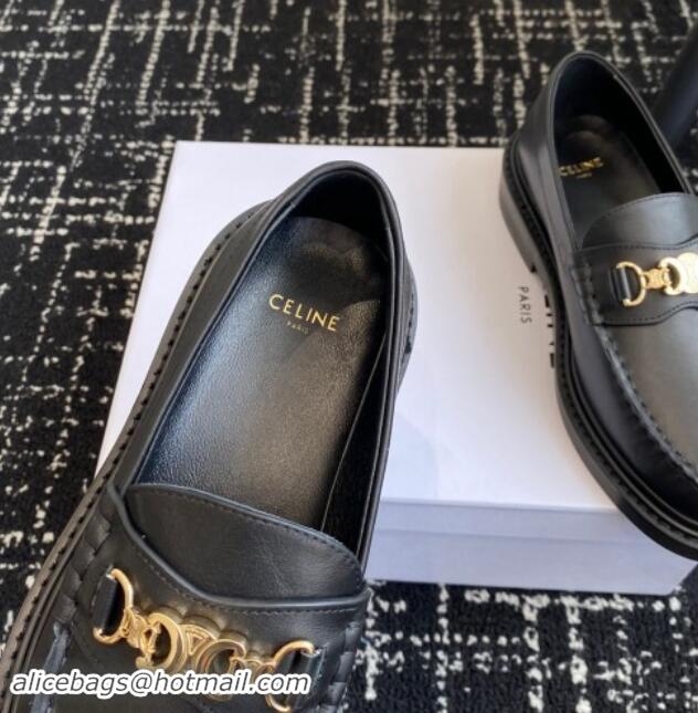 Popular Style Celine Luco Triomphe Chain Loafers in Calfskin Leather Black 112080