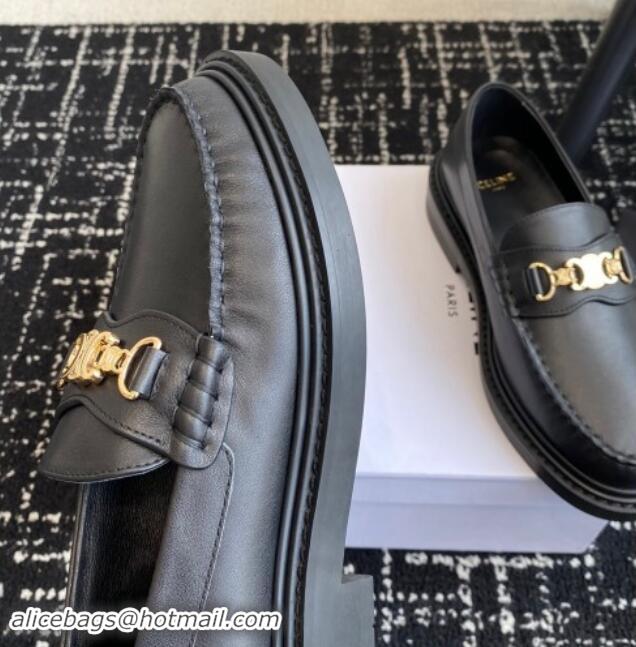 Popular Style Celine Luco Triomphe Chain Loafers in Calfskin Leather Black 112080