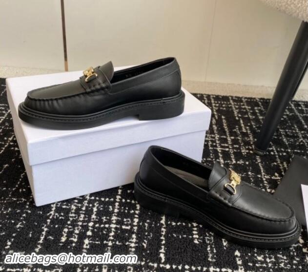 Popular Style Celine Luco Triomphe Chain Loafers in Calfskin Leather Black 112080