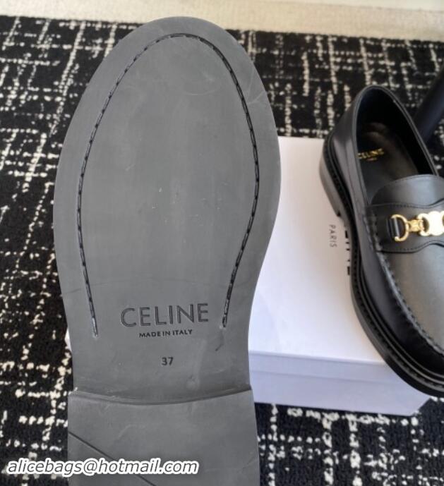 Popular Style Celine Luco Triomphe Chain Loafers in Calfskin Leather Black 112080