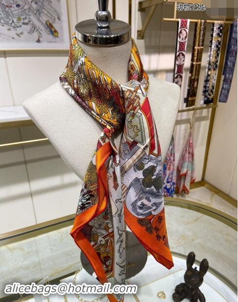 Luxury Cheap Hermes Animal City Silk Sqaure Scarf 90x90cm 0305 Orange 2024