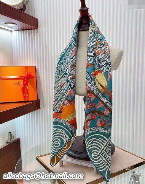 Buy Fashionable Hermes Brandebourgs Fleuris double face Silk Square Scarf 90x90cm 3163 Blue 2024