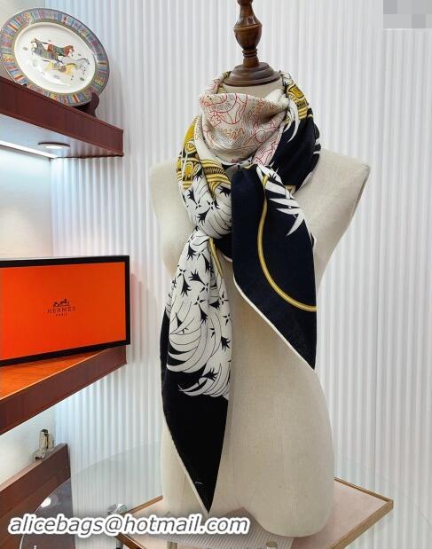 Top Design Hermes Embroidery Story Sqaure Shawl Scarf 140cm 7024 Black 2024