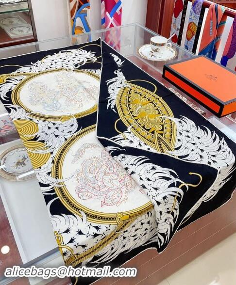 Top Design Hermes Embroidery Story Sqaure Shawl Scarf 140cm 7024 Black 2024