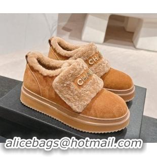 Top Grade Chanel Suede and Wool Fur Loafers Brown 015070