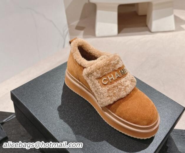 Top Grade Chanel Suede and Wool Fur Loafers Brown 015070