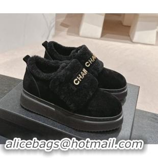 Pretty Style Chanel Suede and Wool Fur Loafers Black 015071