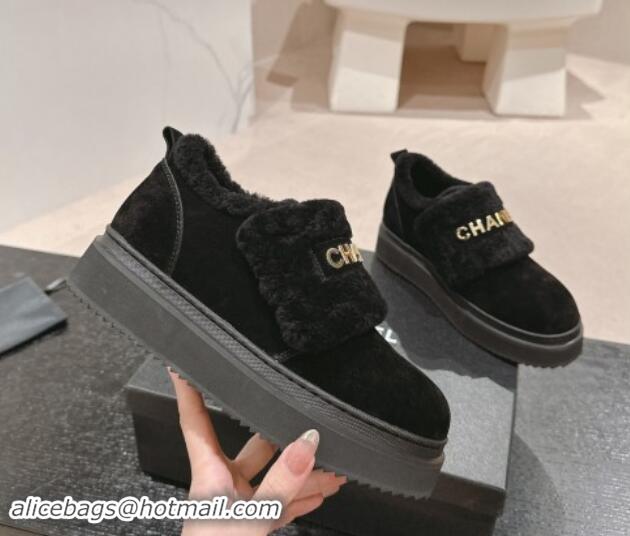 Pretty Style Chanel Suede and Wool Fur Loafers Black 015071