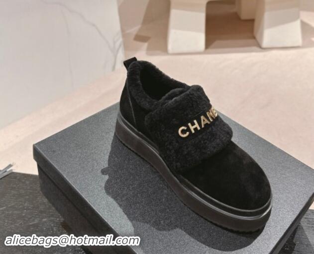 Pretty Style Chanel Suede and Wool Fur Loafers Black 015071