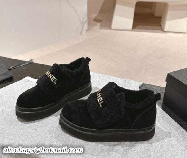 Pretty Style Chanel Suede and Wool Fur Loafers Black 015071