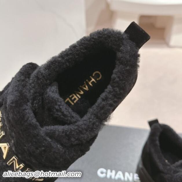 Pretty Style Chanel Suede and Wool Fur Loafers Black 015071