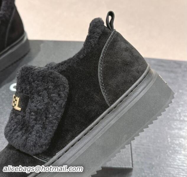 Pretty Style Chanel Suede and Wool Fur Loafers Black 015071